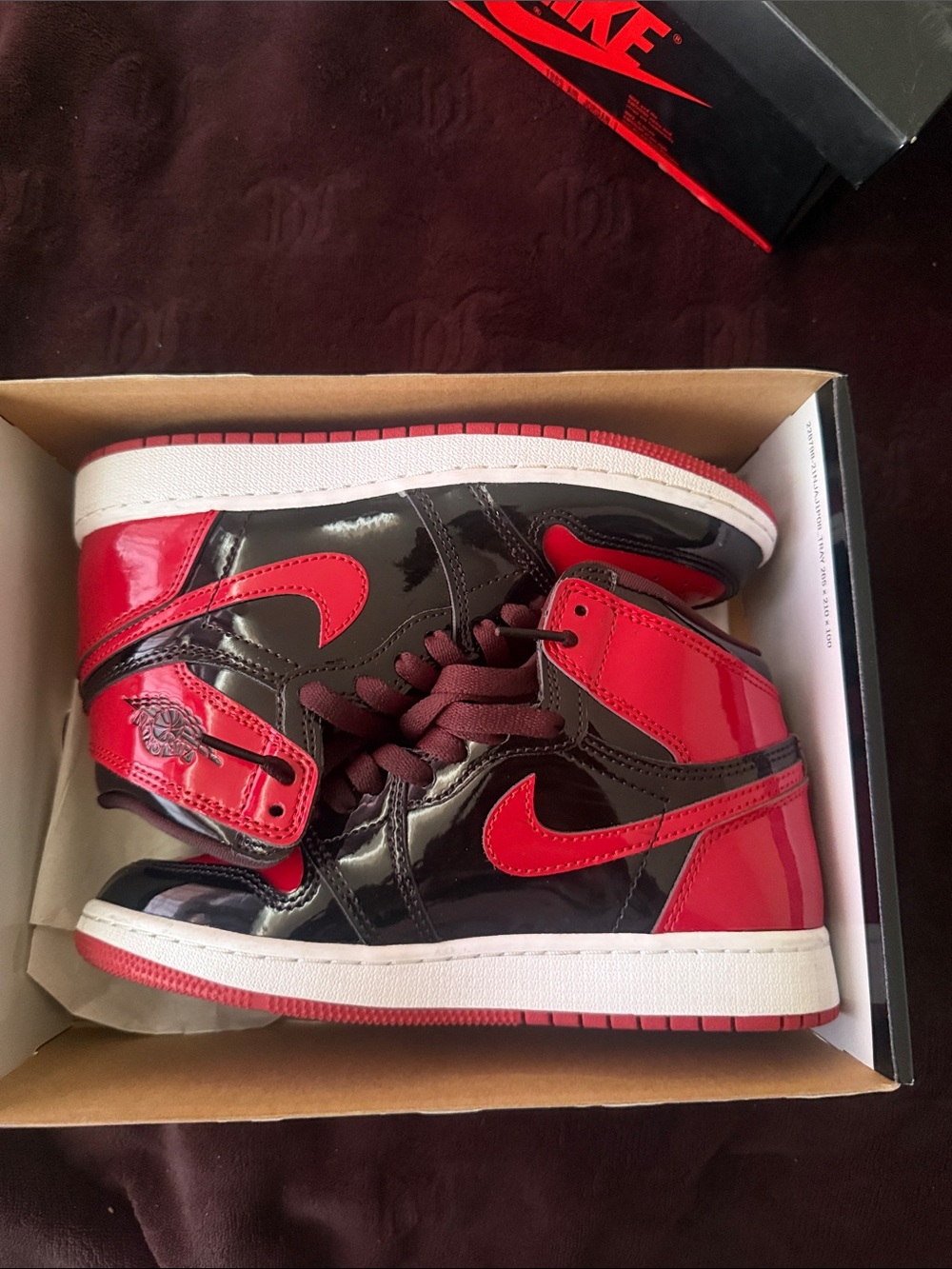 Nike Jordan 1s Patent Bred Black and Red Hightop Jordans
